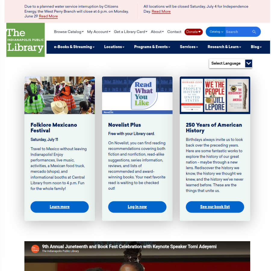 indypl.org homepage screenshot