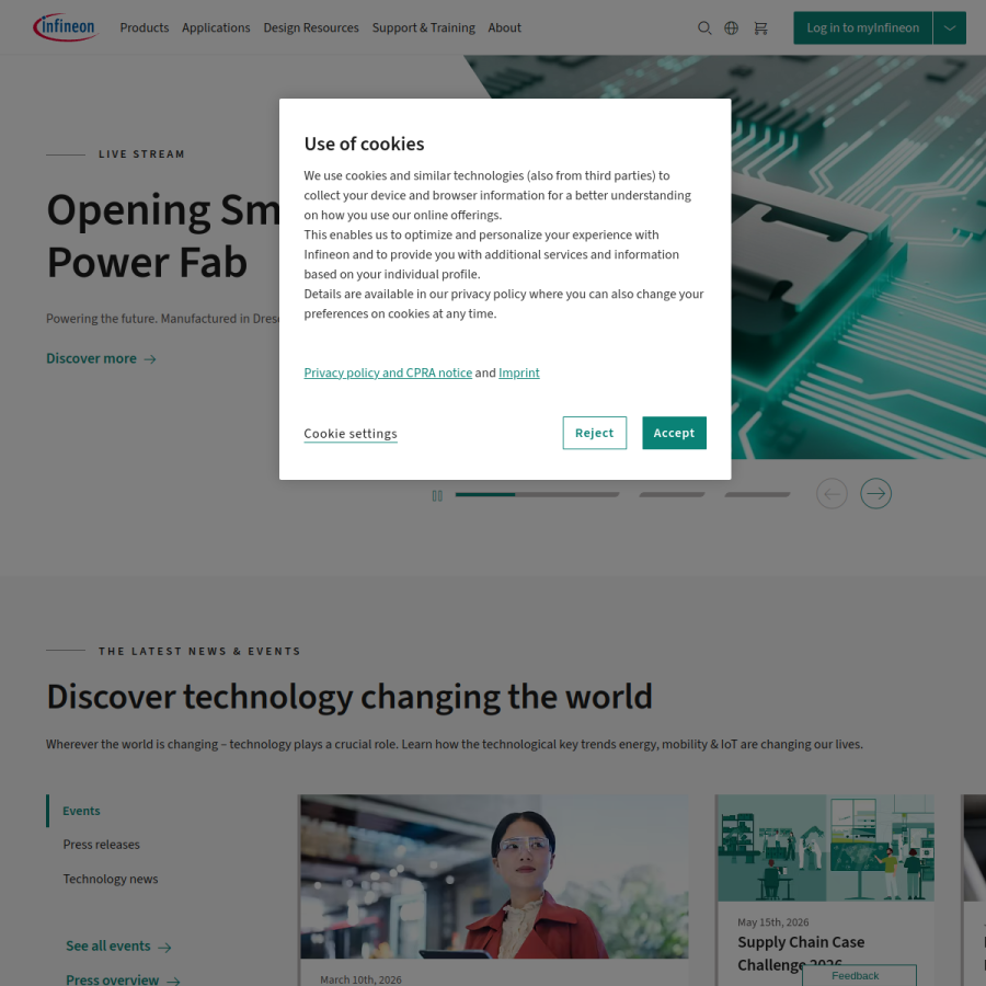 infineon.com homepage screenshot