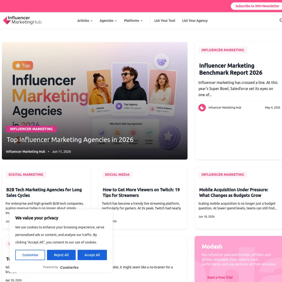 influencermarketinghub.com homepage screenshot