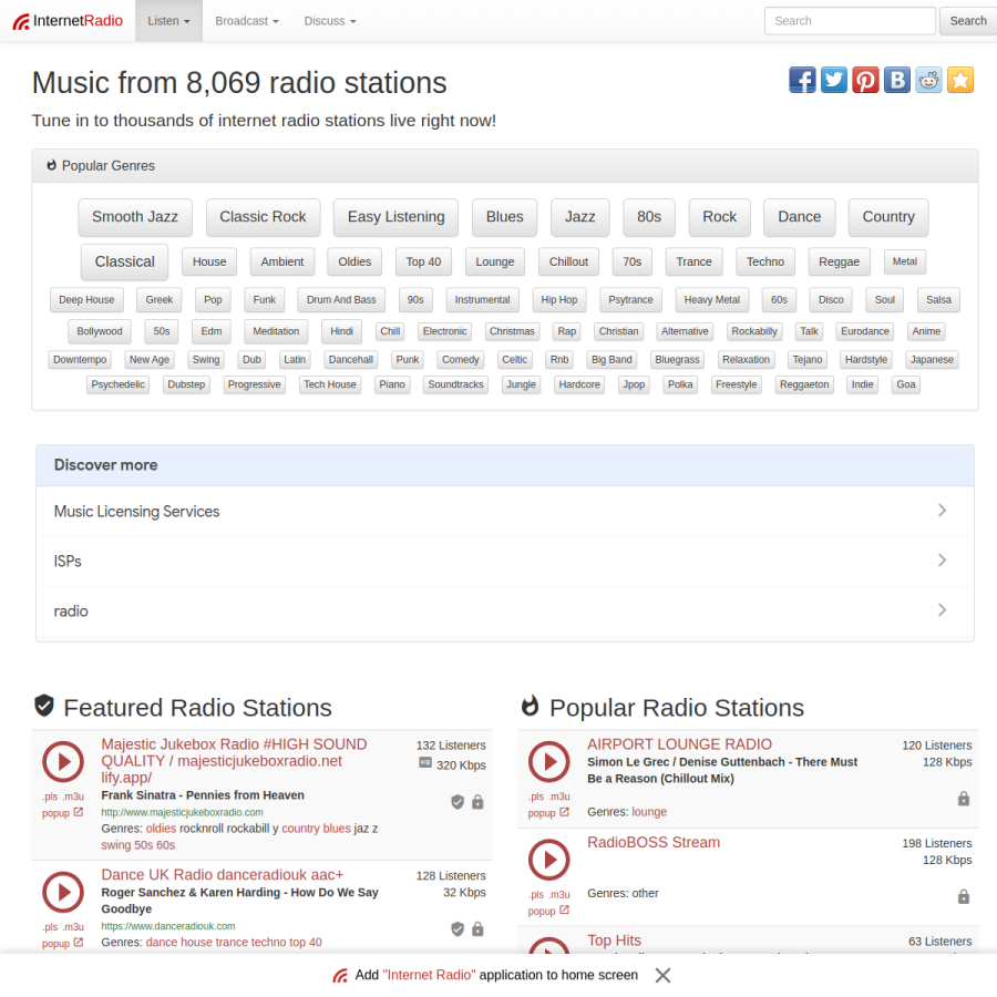 internet-radio.com homepage screenshot
