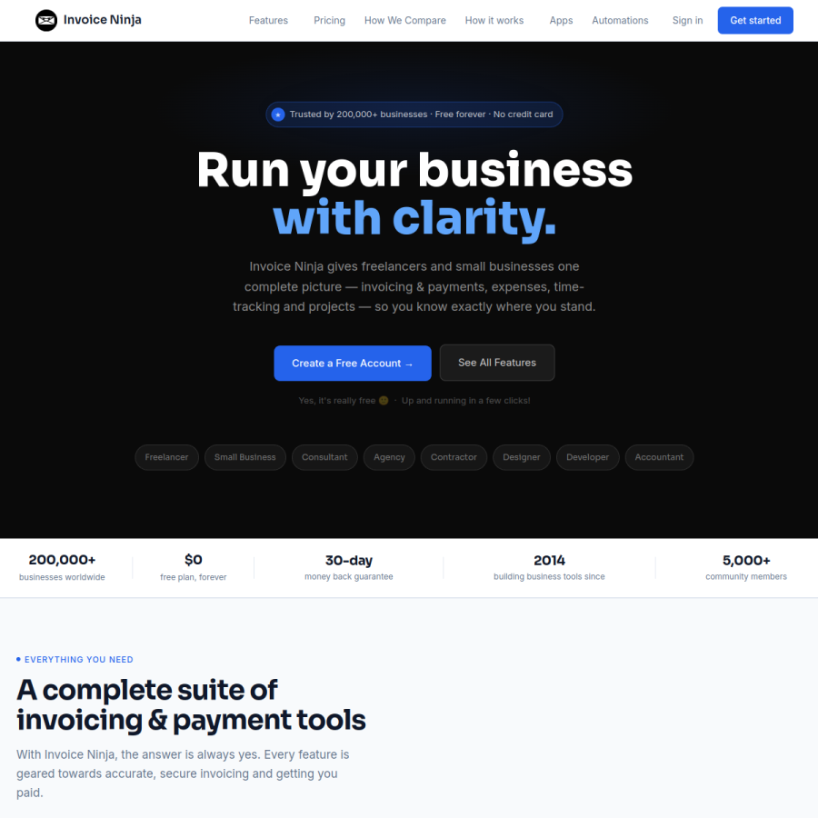 invoiceninja.com homepage screenshot