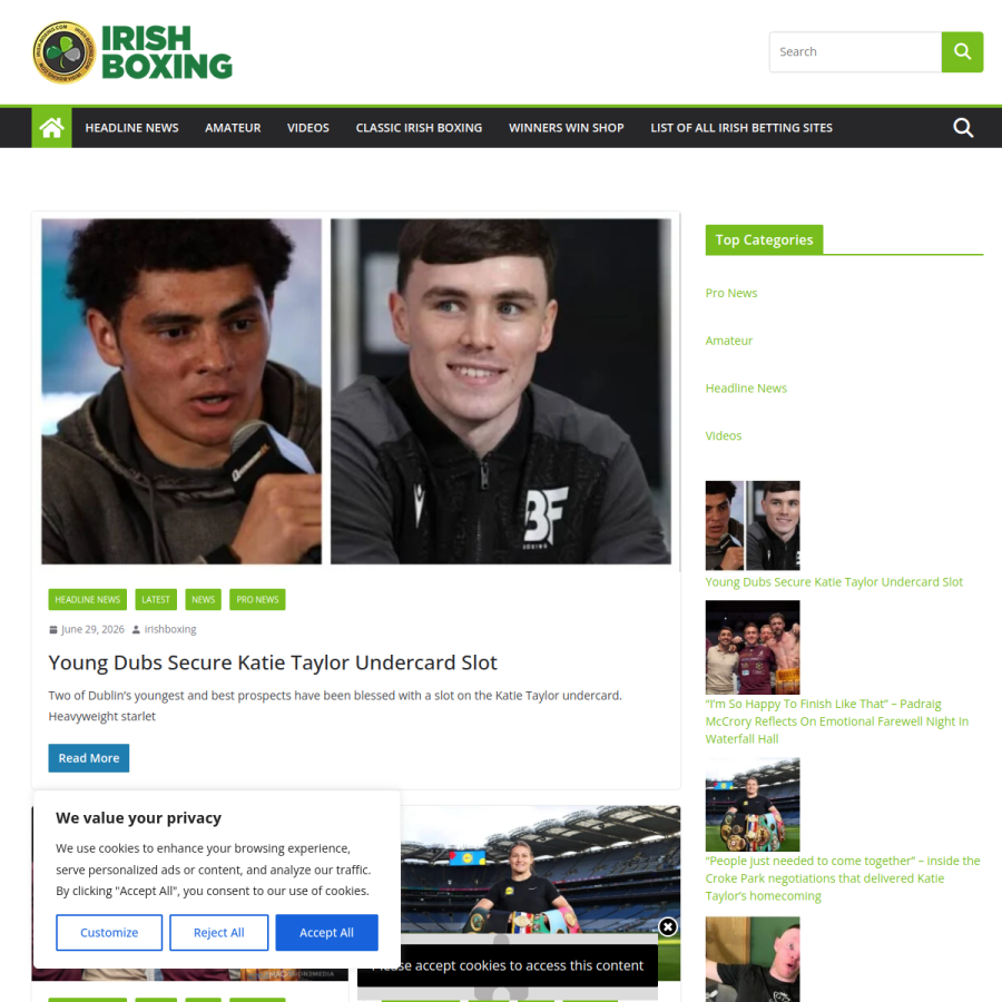 irish-boxing.com homepage screenshot