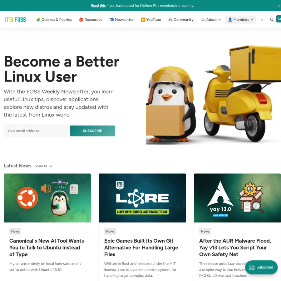 itsfoss.com homepage screenshot