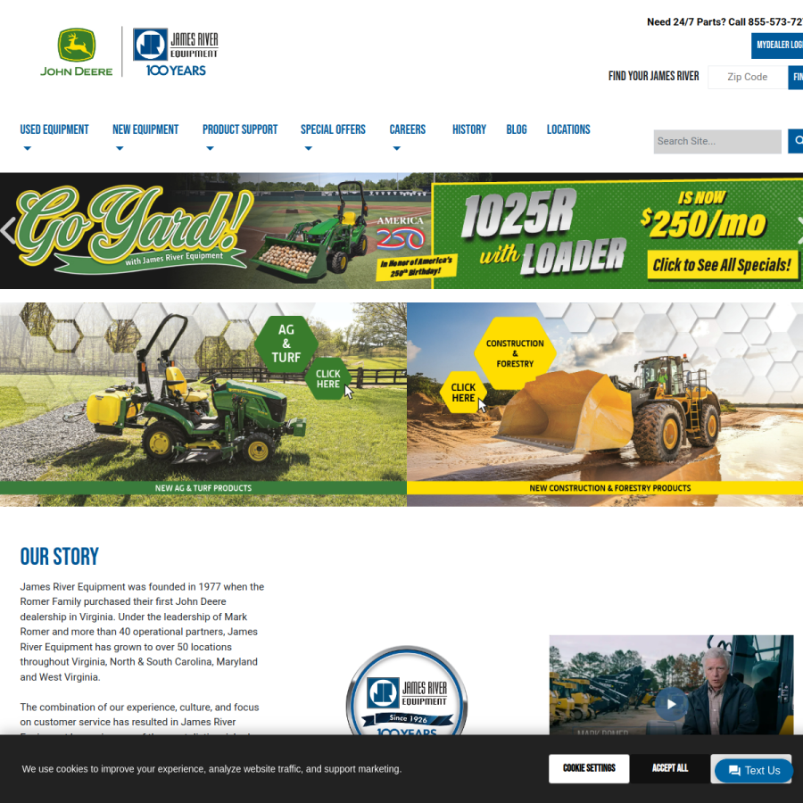 jamesriverequipment.com homepage screenshot