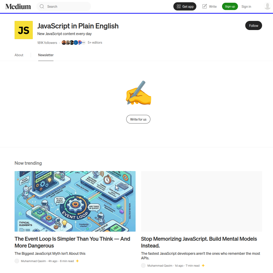 javascript.plainenglish.io homepage screenshot