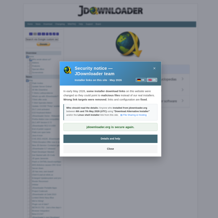jdownloader.org homepage screenshot