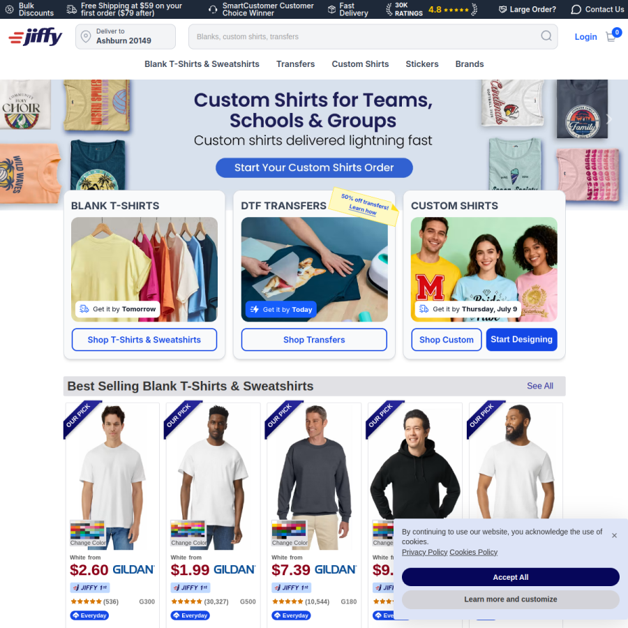 jiffyshirts.com homepage screenshot