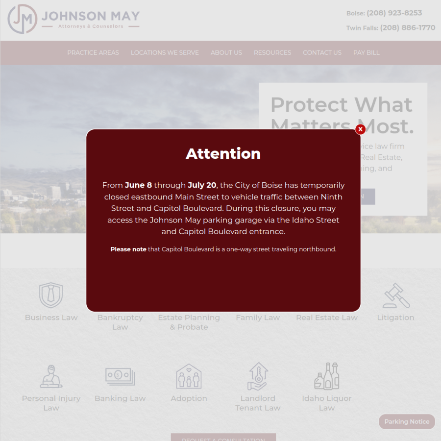 johnsonmaylaw.com homepage screenshot
