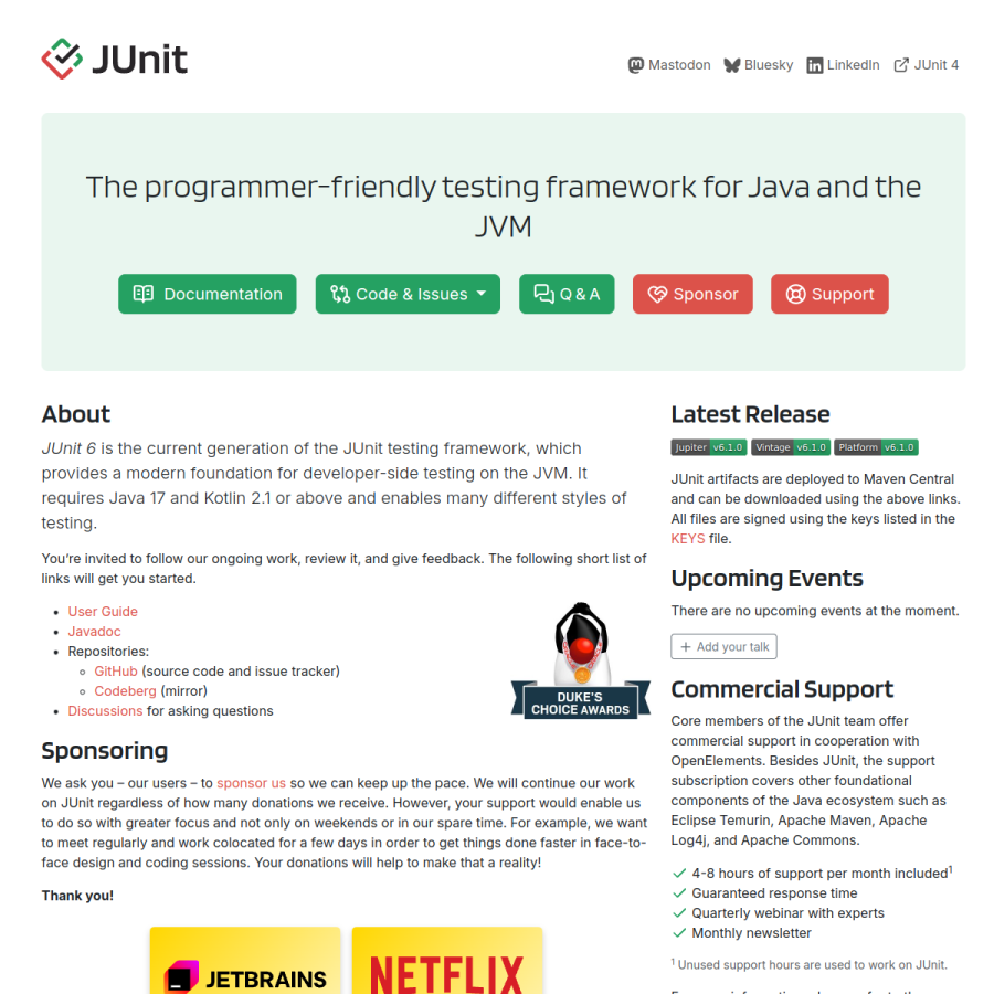 junit.org homepage screenshot