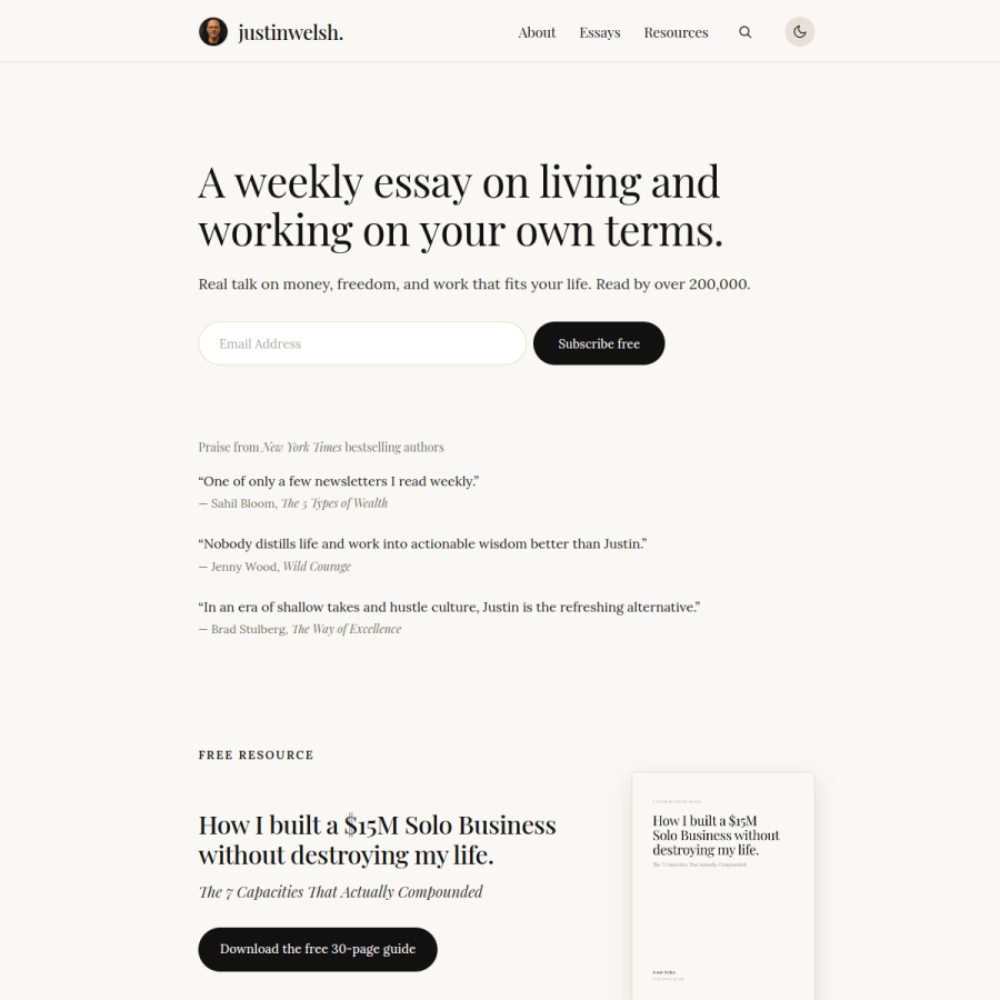 justinwelsh.me homepage screenshot