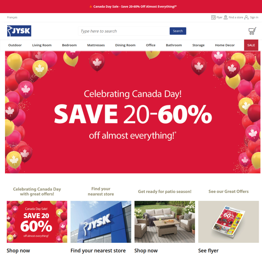 jysk.ca homepage screenshot