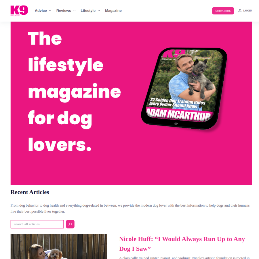 k9magazine.com homepage screenshot