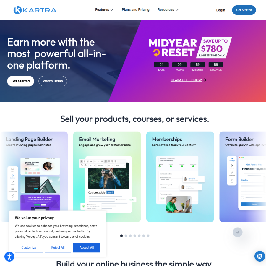 kartra.com homepage screenshot
