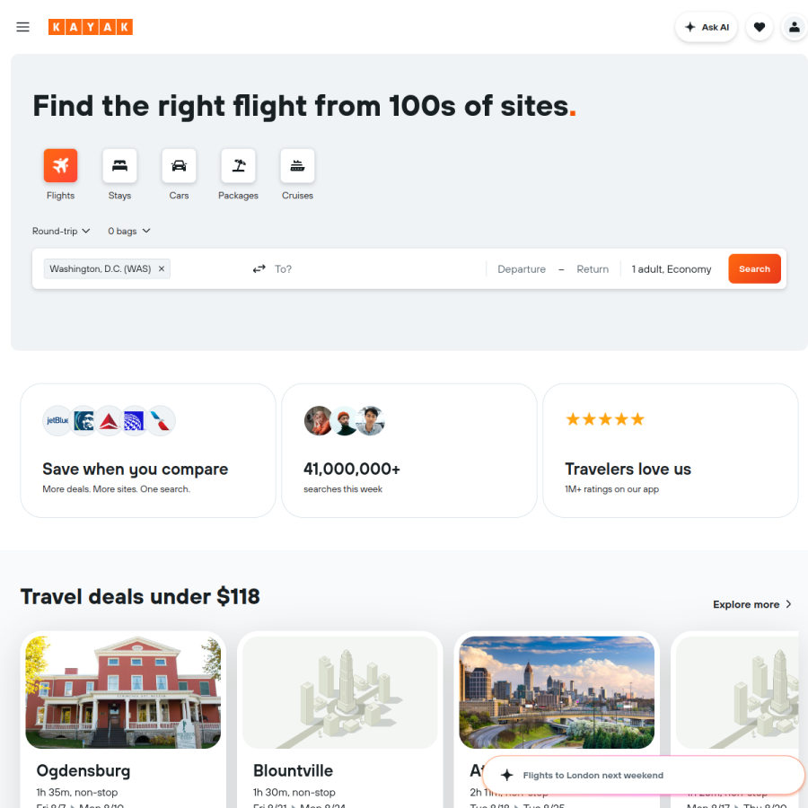 kayak.com homepage screenshot