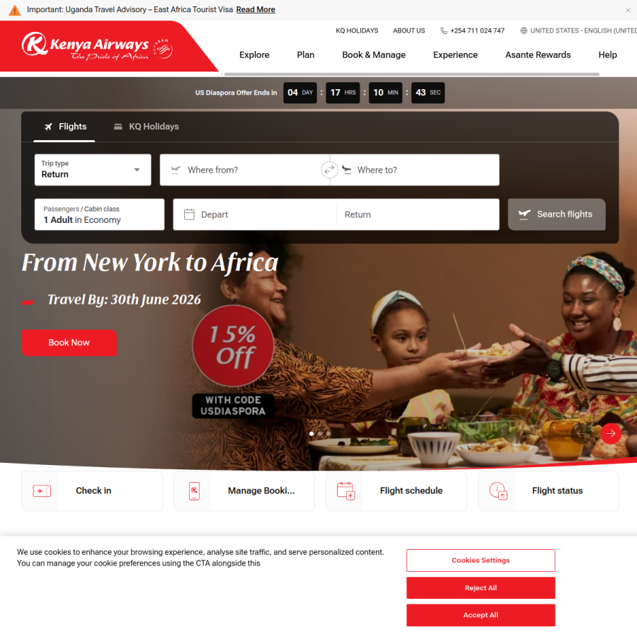 kenya-airways.com homepage screenshot