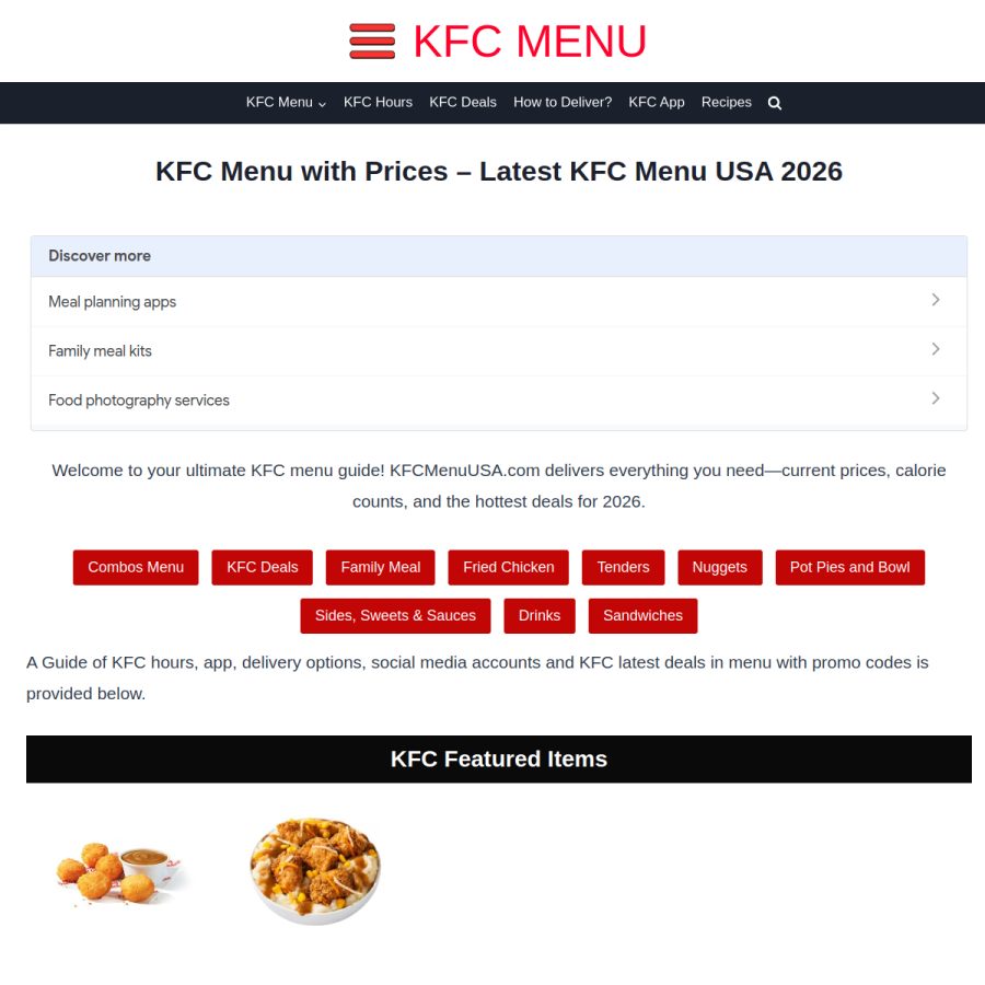 kfcmenuusa.com homepage screenshot