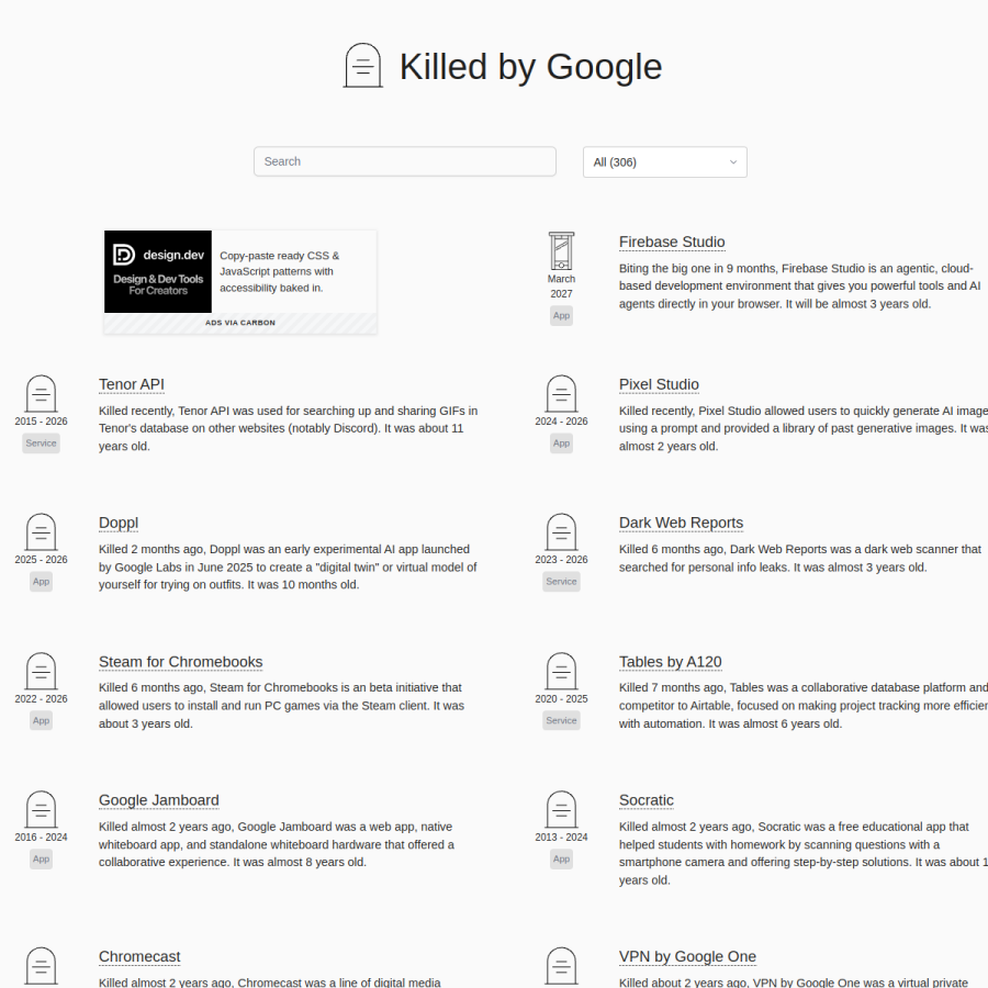 killedbygoogle.com homepage screenshot