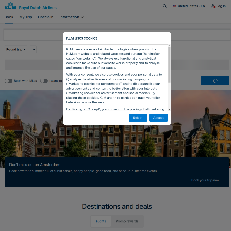 klm.com homepage screenshot