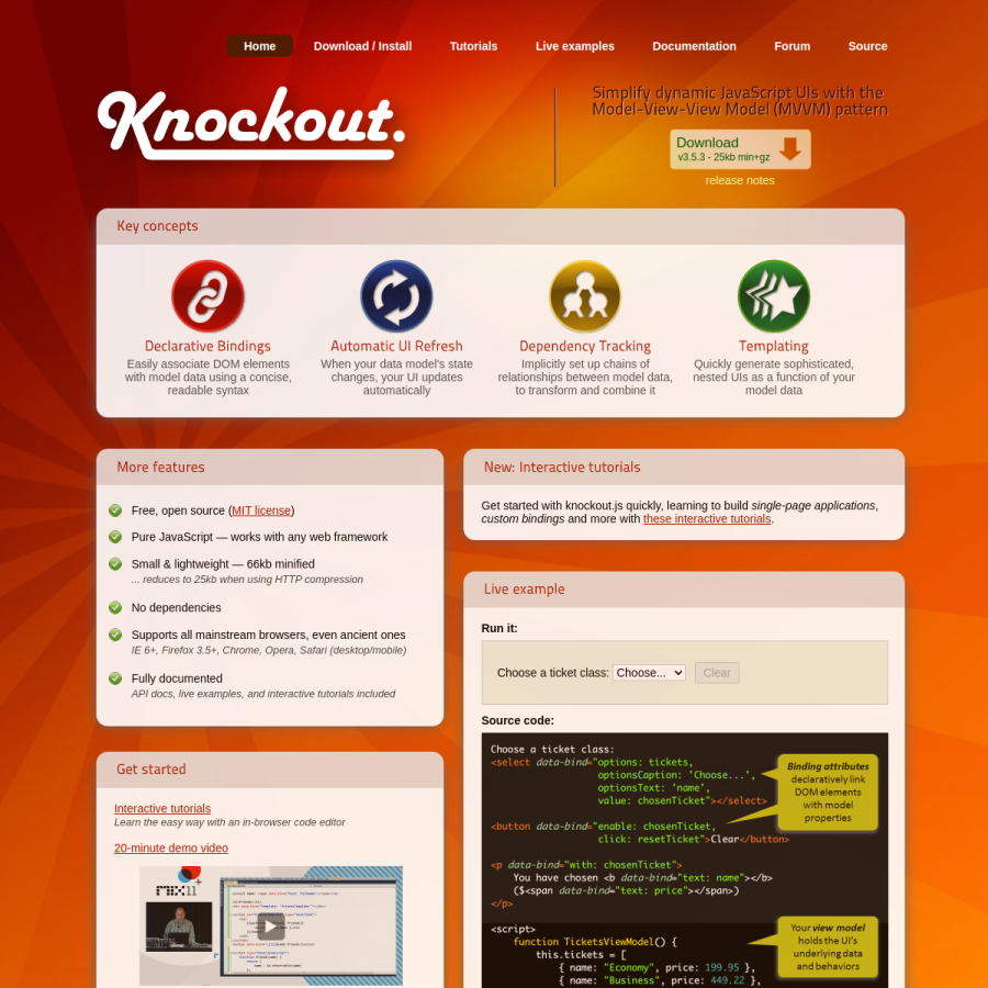 knockoutjs.com homepage screenshot