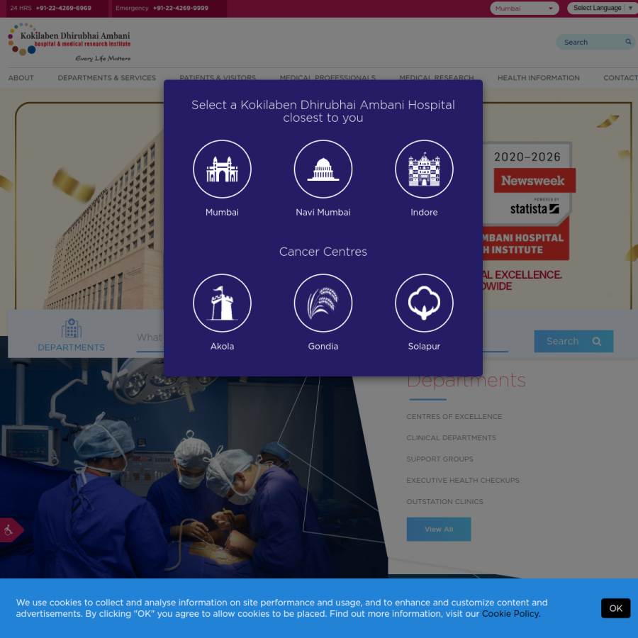 kokilabenhospital.com homepage screenshot