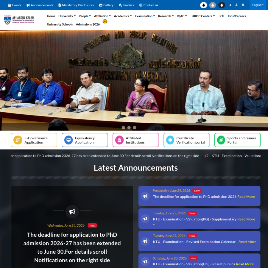 ktu.edu.in homepage screenshot