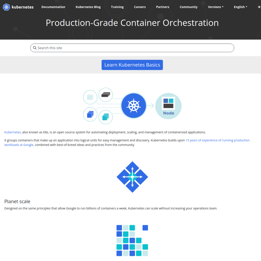 kubernetes.io homepage screenshot