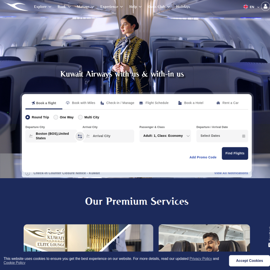 kuwaitairways.com homepage screenshot