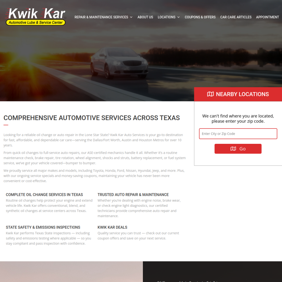 kwikkarautoservices.com homepage screenshot