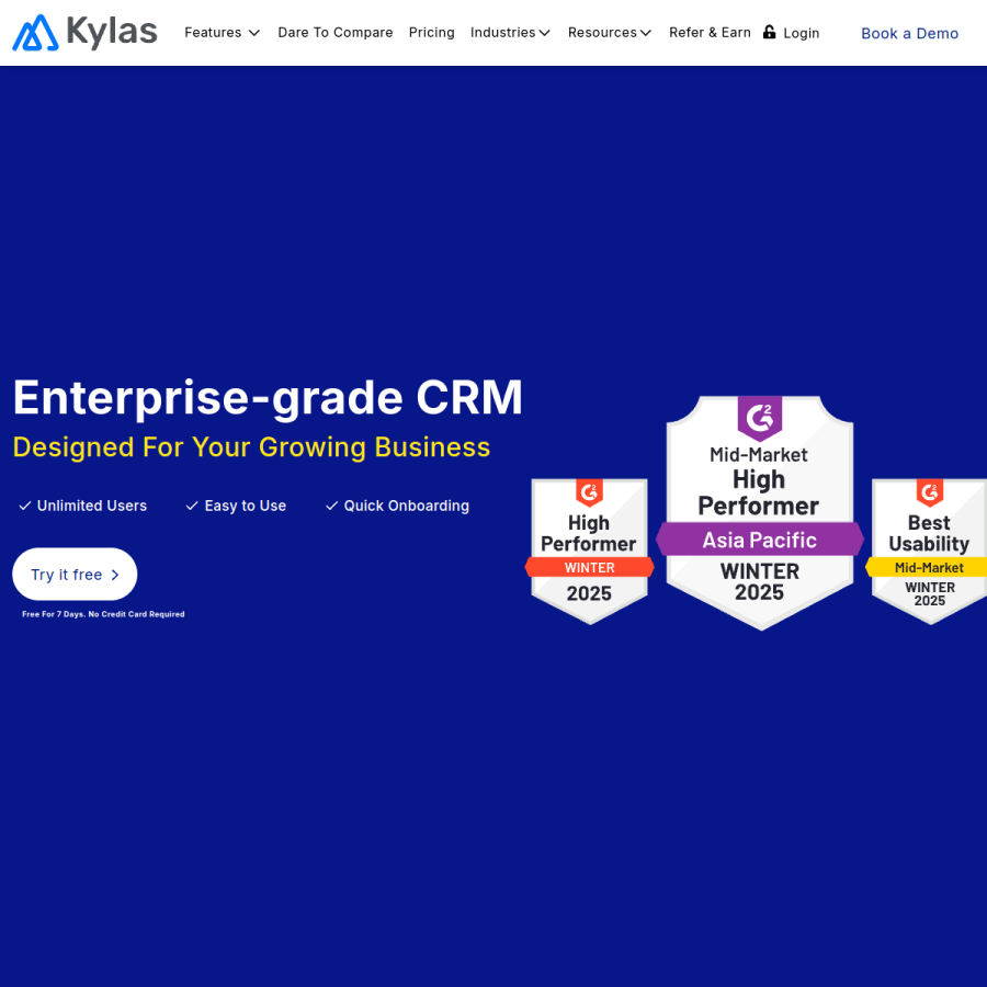 kylas.io homepage screenshot