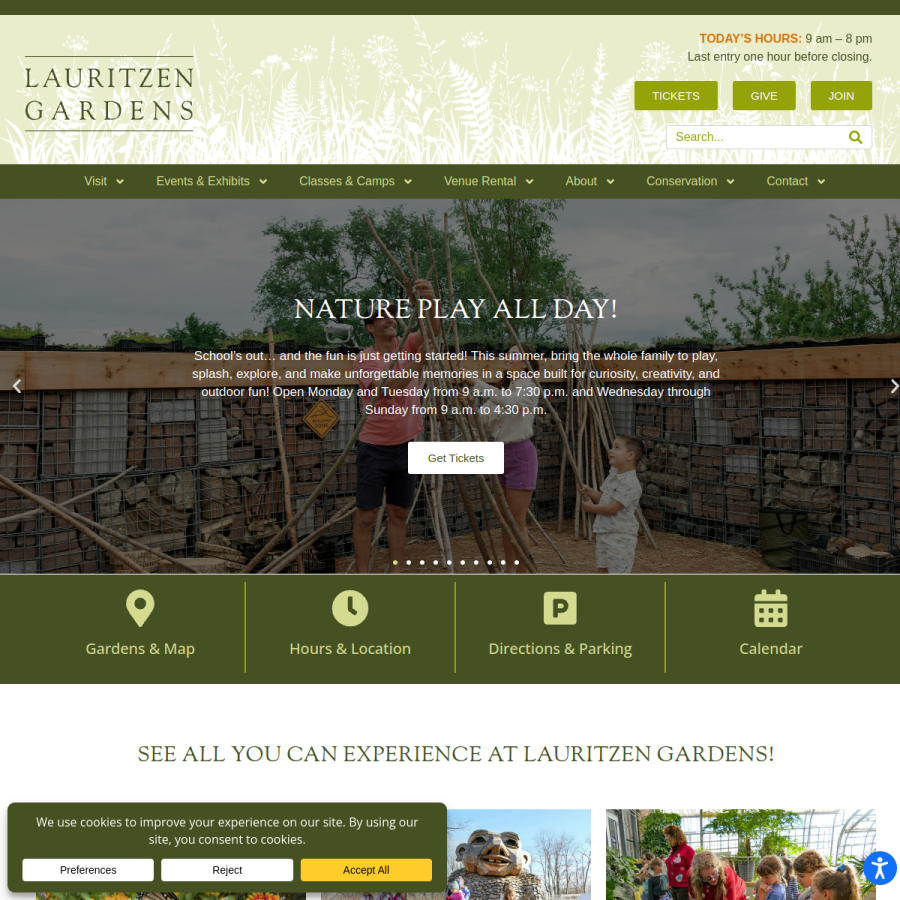 lauritzengardens.org homepage screenshot