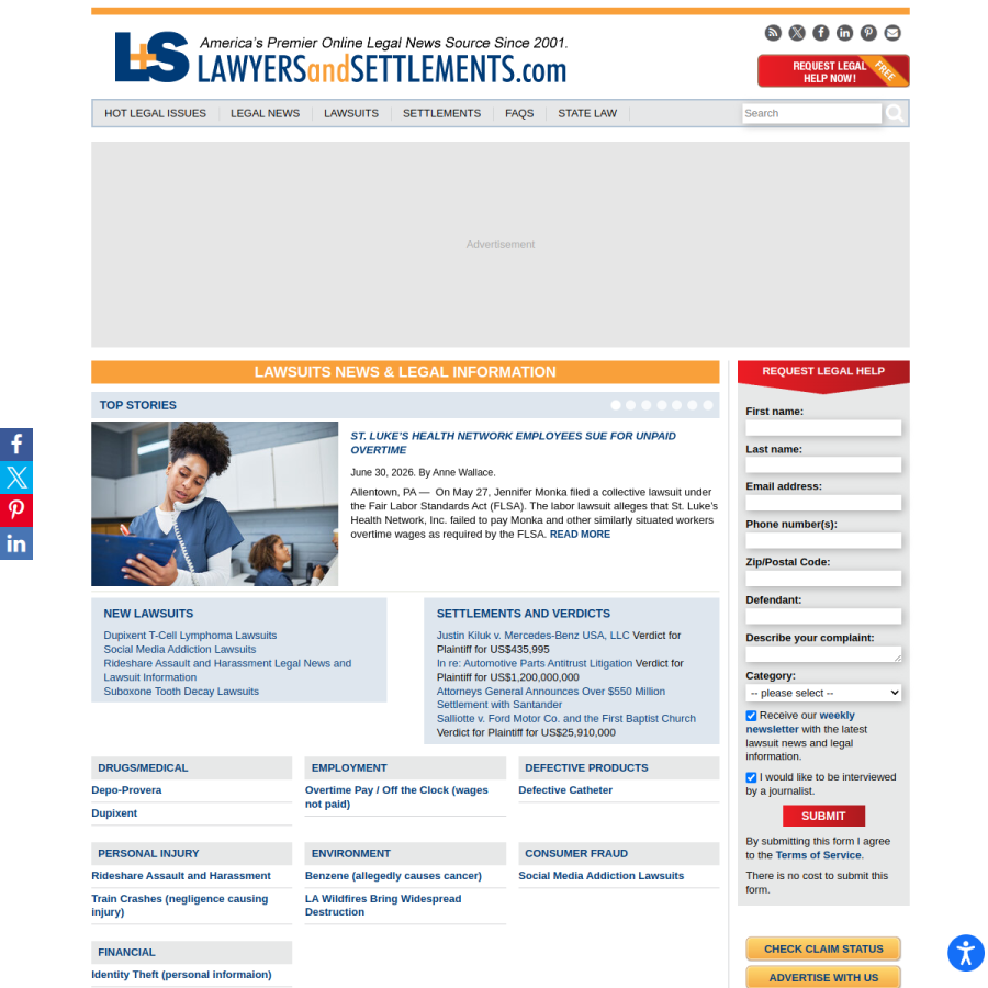 lawyersandsettlements.com homepage screenshot
