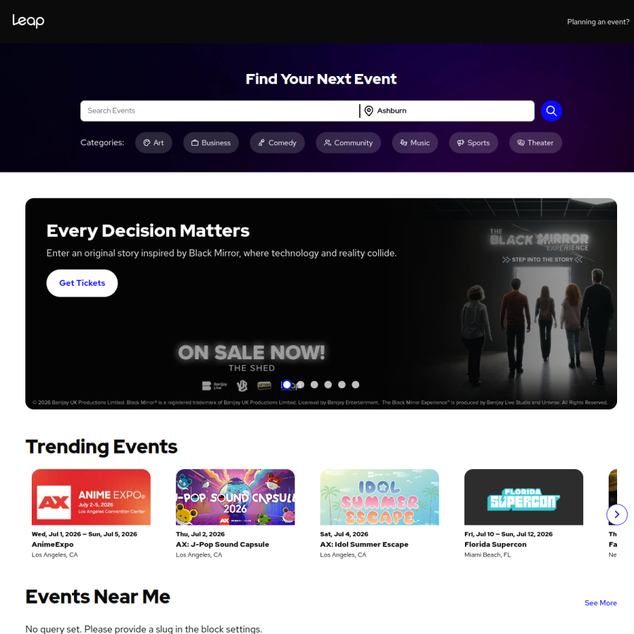 leapevents.com homepage screenshot