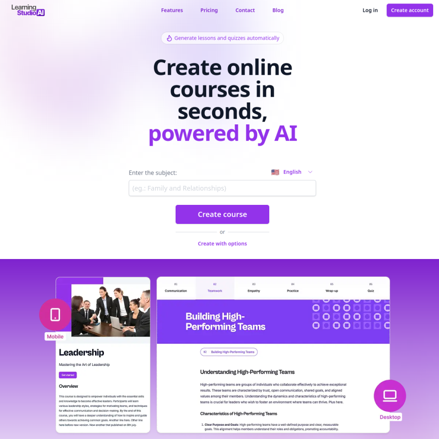 learningstudioai.com homepage screenshot