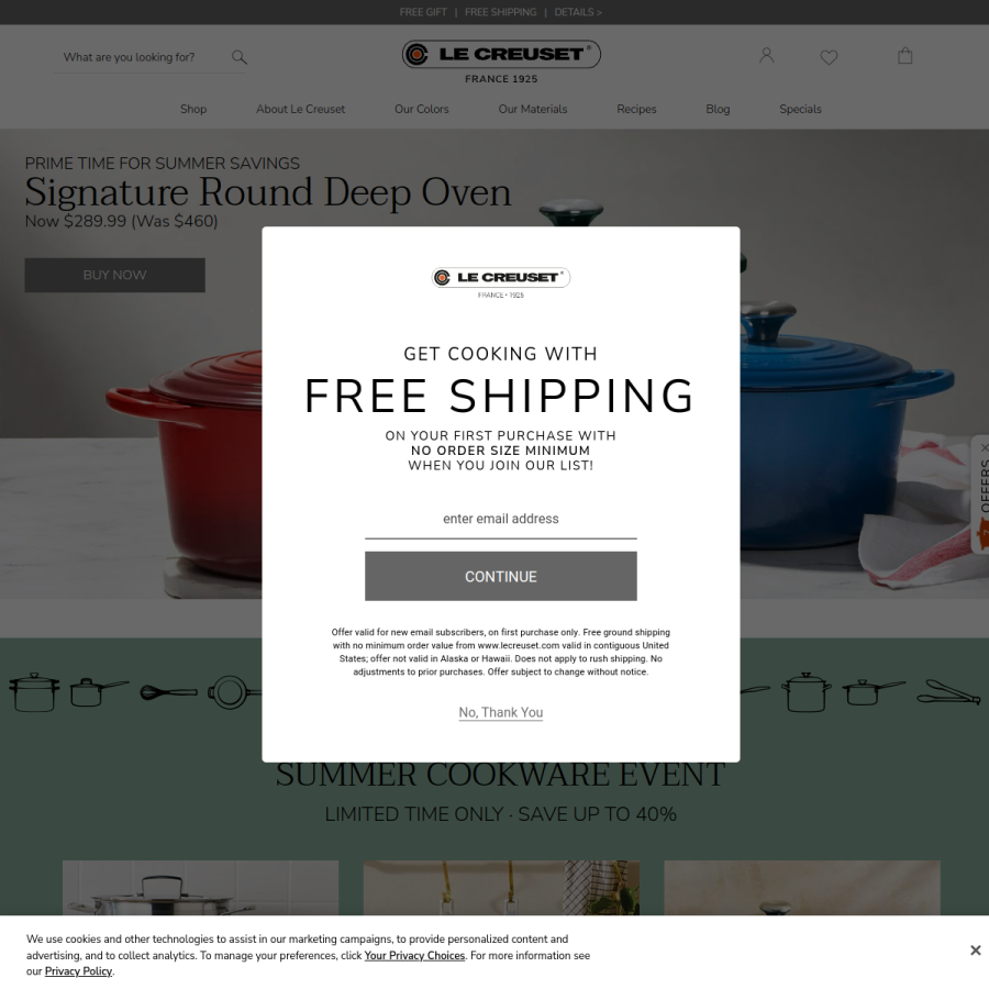 lecreuset.com homepage screenshot