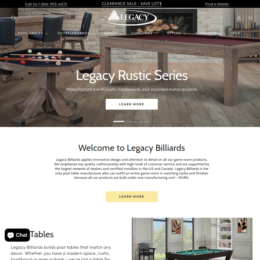 legacybilliards.com homepage screenshot
