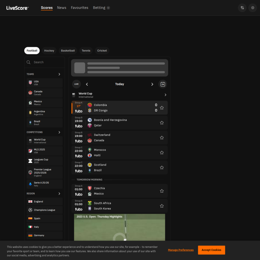 livescore.com homepage screenshot