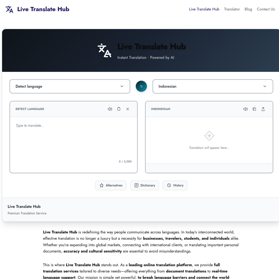livetranslatehub.com homepage screenshot