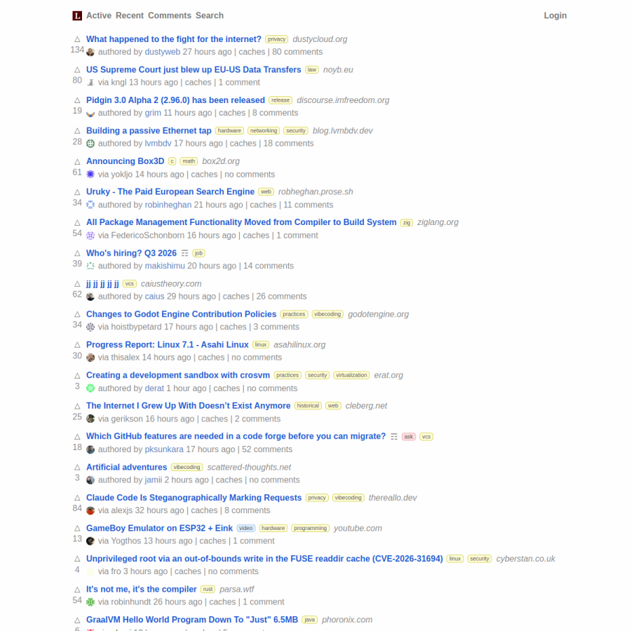 lobste.rs homepage screenshot