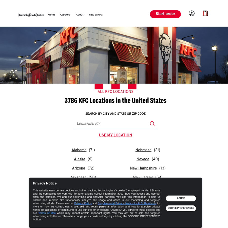 locations.kfc.com homepage screenshot