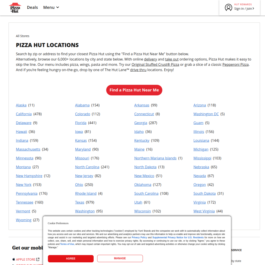locations.pizzahut.com homepage screenshot