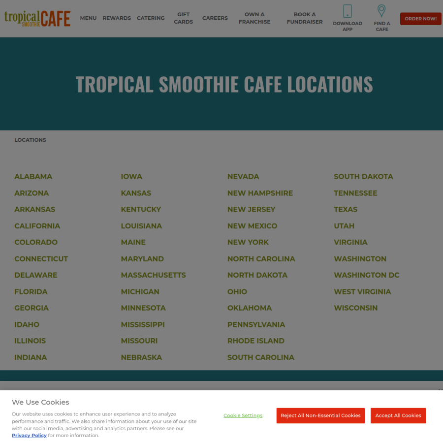 locations.tropicalsmoothiecafe.com homepage screenshot
