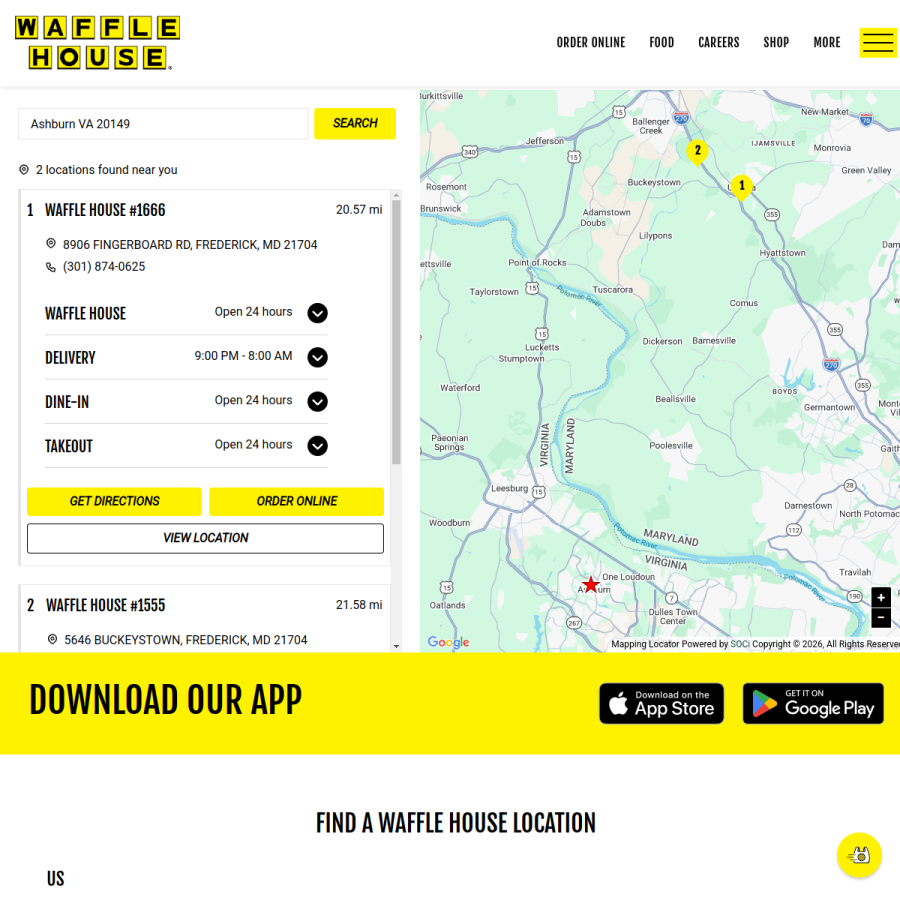 locations.wafflehouse.com homepage screenshot