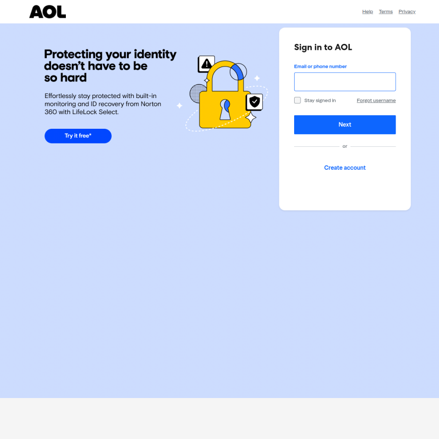 login.aol.com homepage screenshot