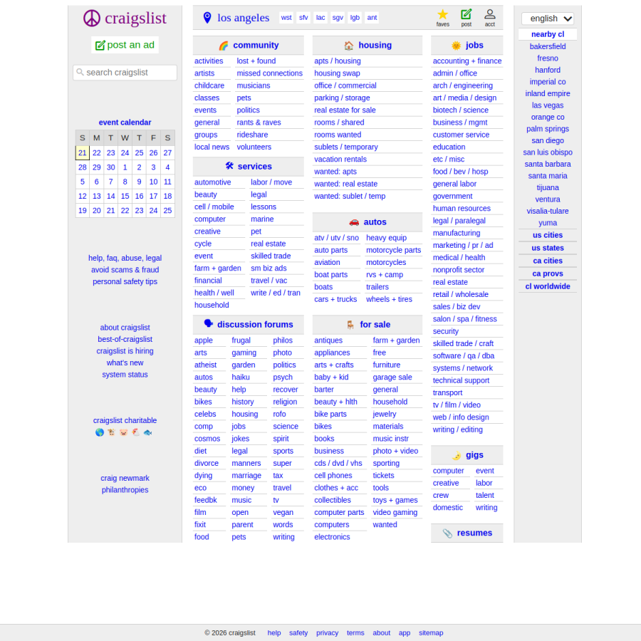 losangeles.craigslist.org homepage screenshot