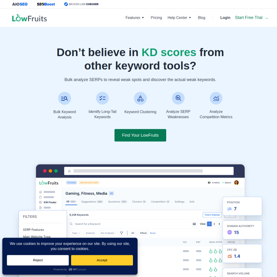 lowfruits.io homepage screenshot