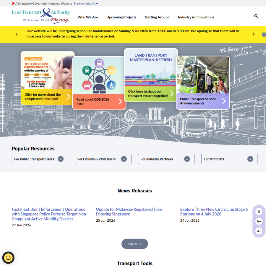lta.gov.sg homepage screenshot