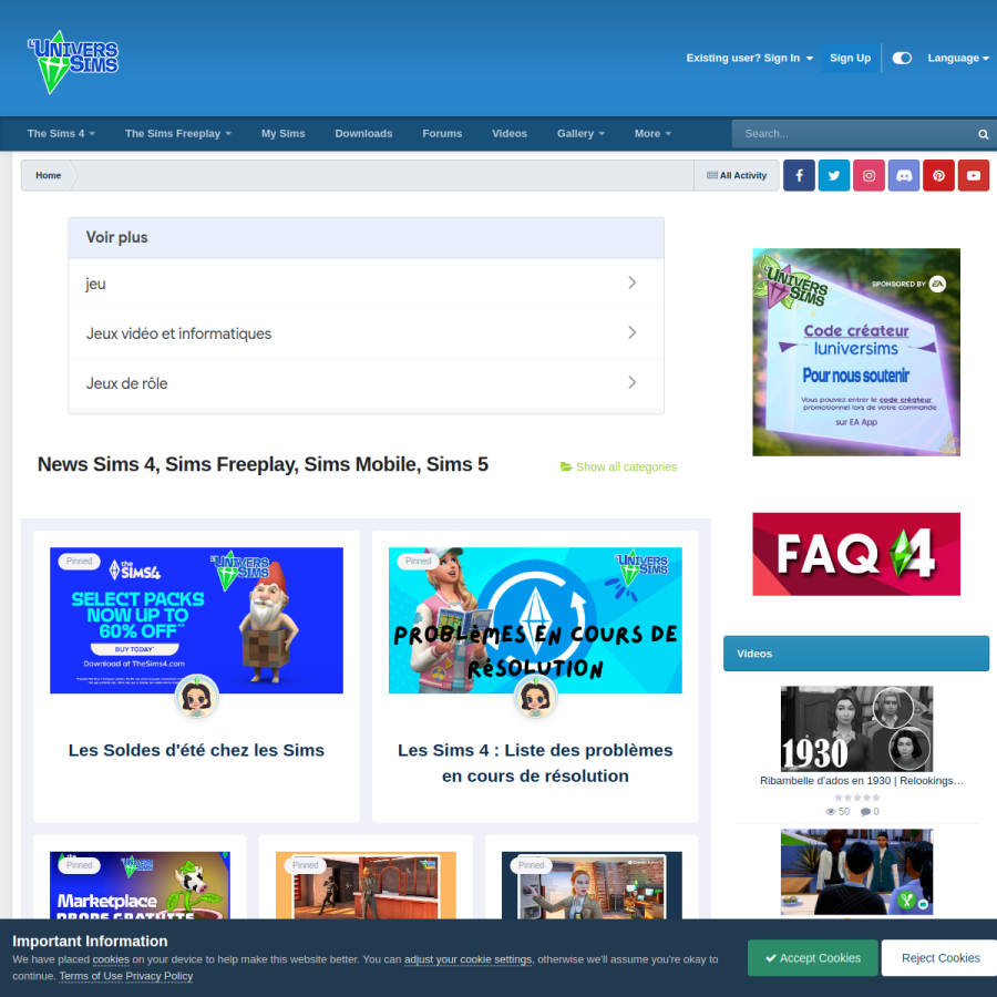 luniversims.fr homepage screenshot