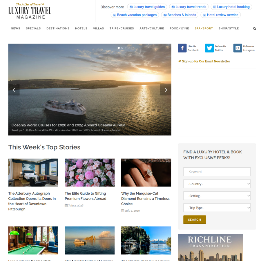 luxurytravelmagazine.com homepage screenshot