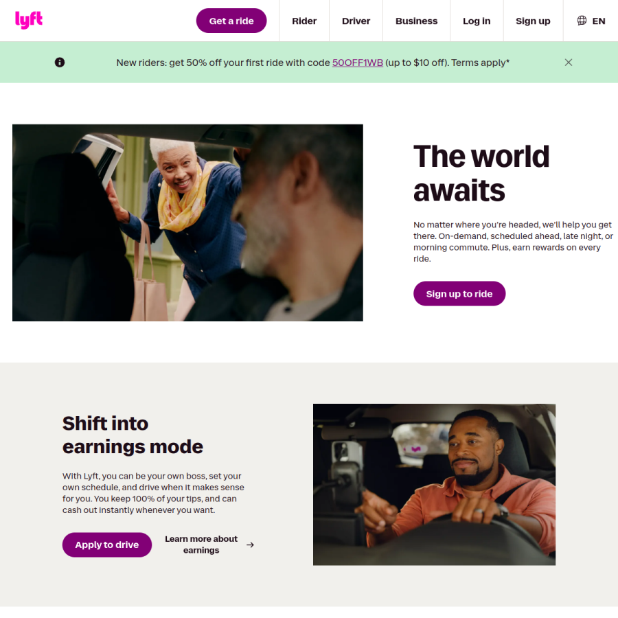 lyft.com homepage screenshot