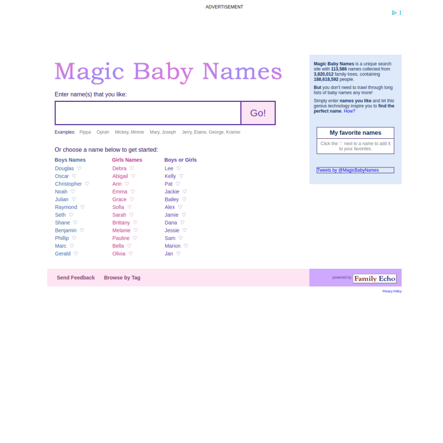 magicbabynames.com homepage screenshot